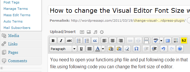 change Visual Editor Font Size without wordpress plugin