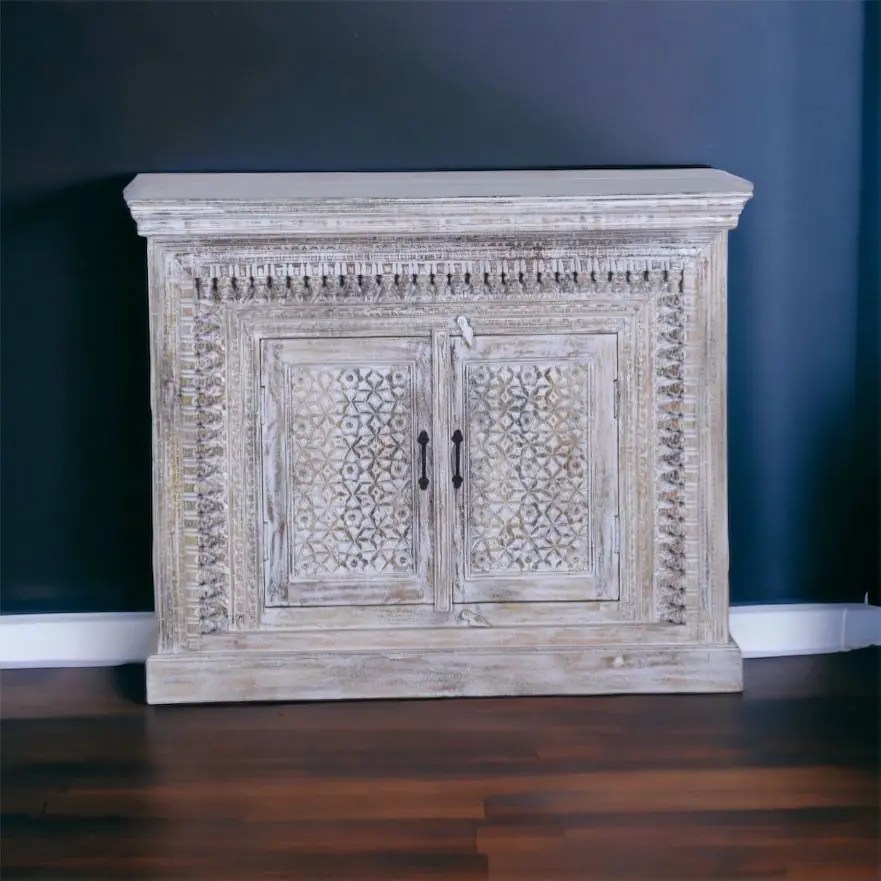 Grey Distressed Wooden Carved Sideboard with Shelf – Rustic Charm and Functional Storage Grey Distressed Wooden Carved Sideboard with Shelf – Rustic Charm and Functional Storage