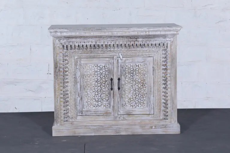 Grey Distressed Wooden Carved Sideboard with Shelf – Rustic Charm and Functional Storage2 Grey Distressed Wooden Carved Sideboard with Shelf – Rustic Charm and Functional Storage - Purana Darwaza