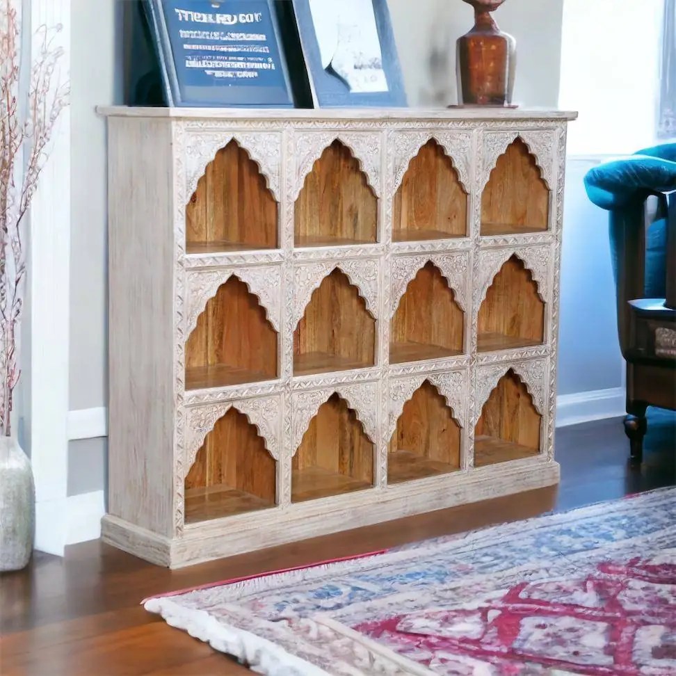 Indian wooden bookshelf with 12 storage spaces
