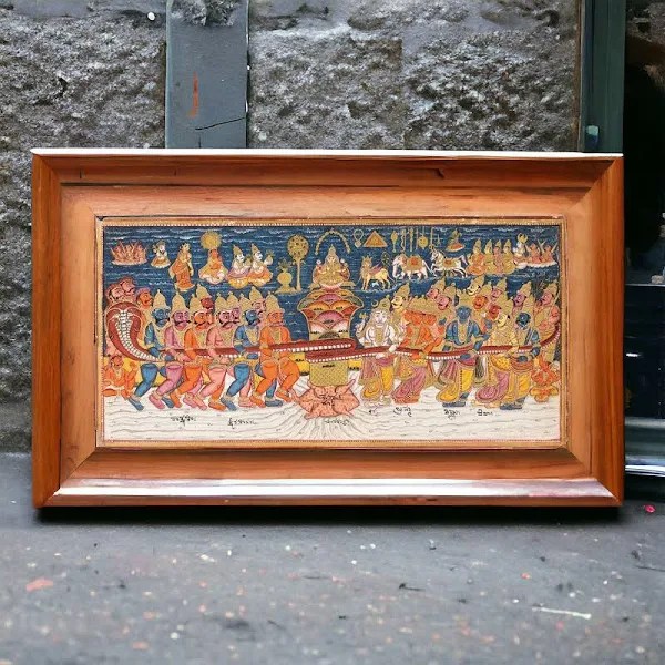 The Churning of The Ocean of Milk C 1825 poster in a Vintage teak wood Frame