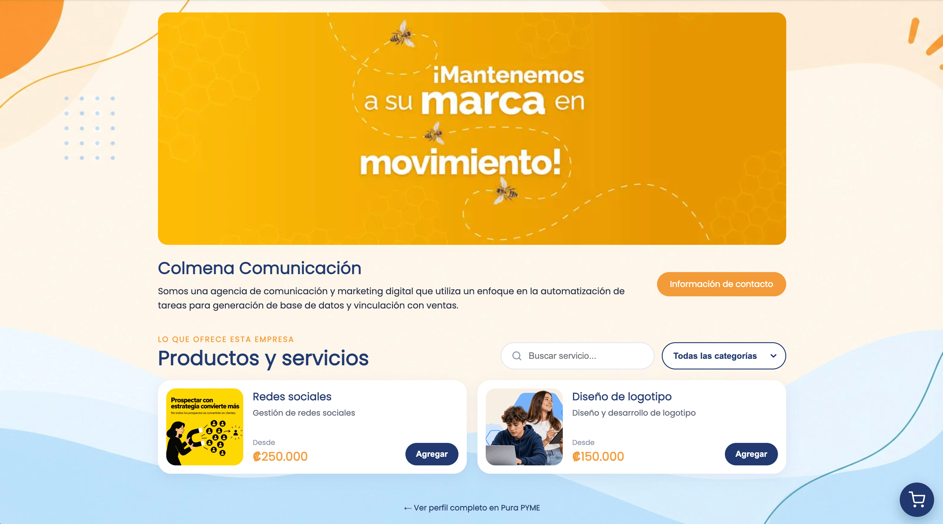 Catálogo público con productos y servicios y carrito de pedidos