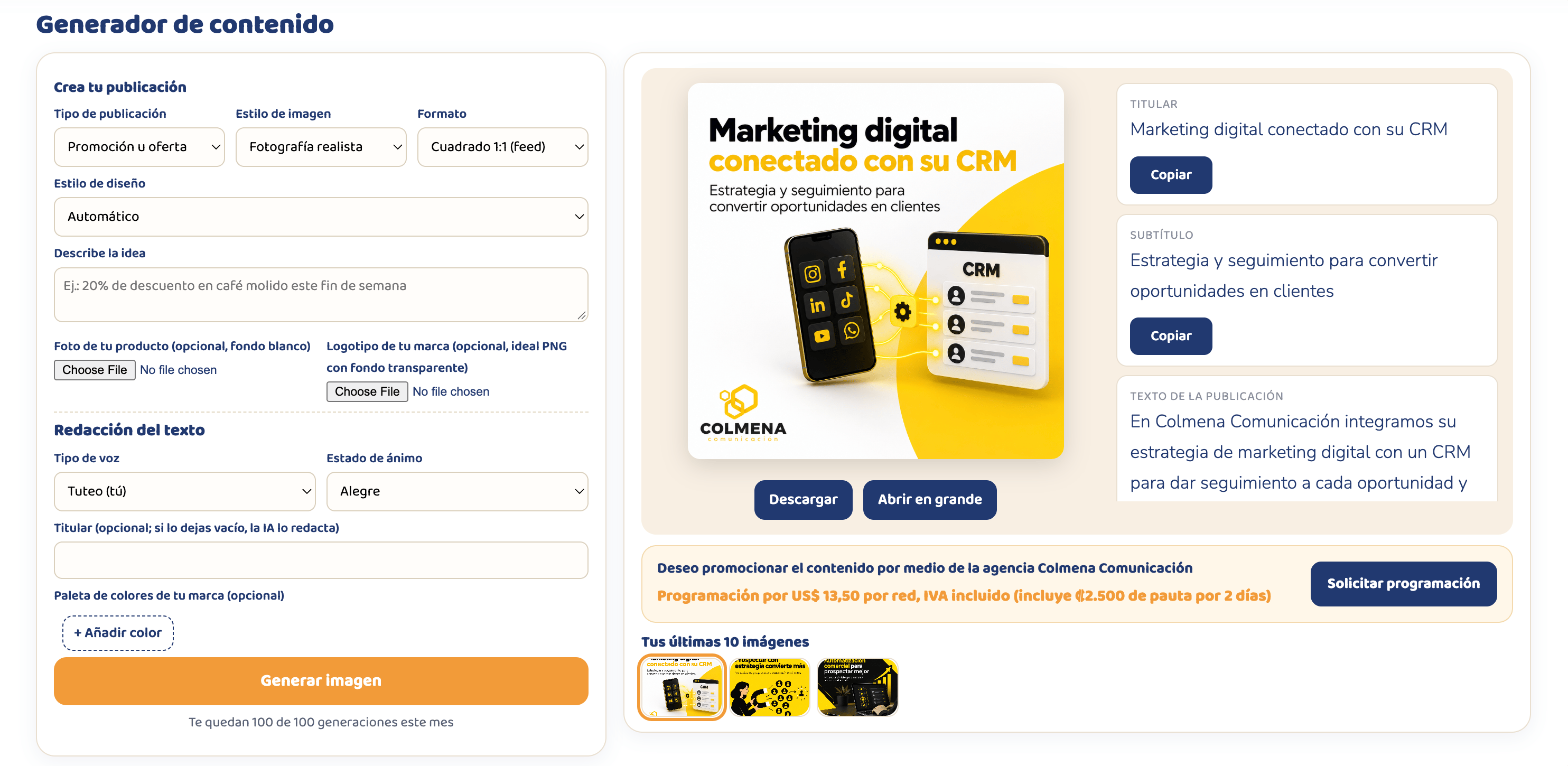 Generador de contenido con imagen, titular, subtítulo y texto de la publicación