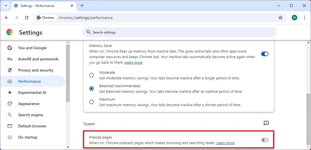 Chrome disable page preloading