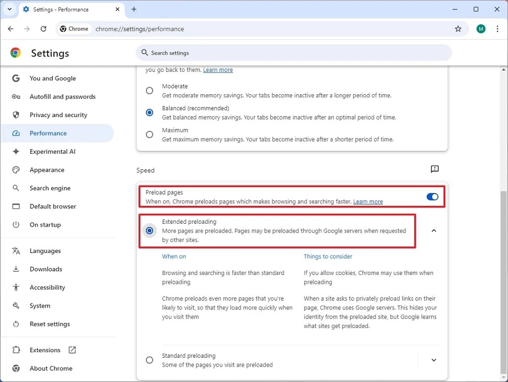 Chrome enable extended preloading