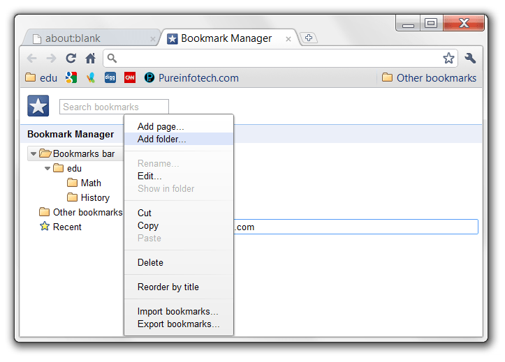 Creating a folder in the Bookmark manager of Google Chrome