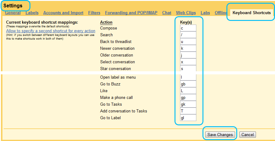 Modify shortcuts in Gmail