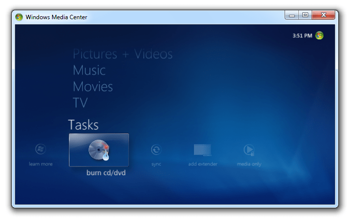 Tasks in Windows 7 Media Center