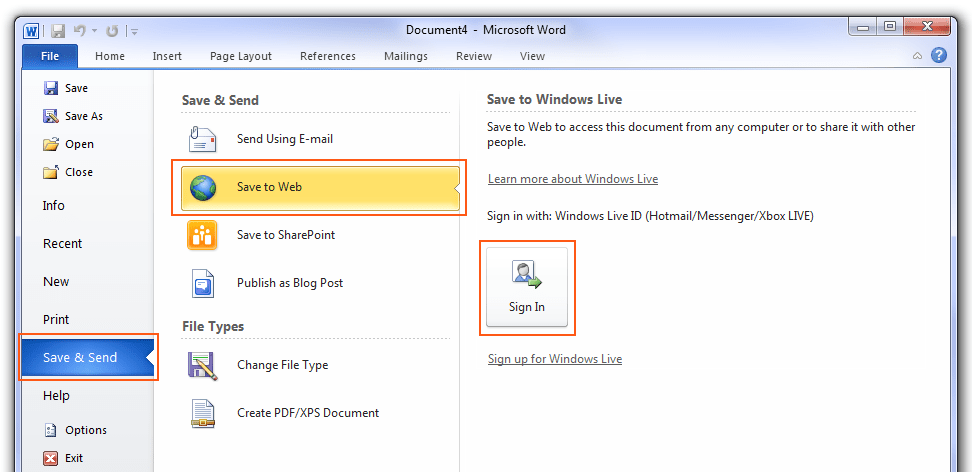 Microsoft Office 2010 - File menu, Save & Send option