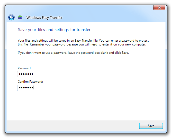 Windows Easy Transfer - Password settings