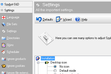 Spybot - Search & Destroy - Settings