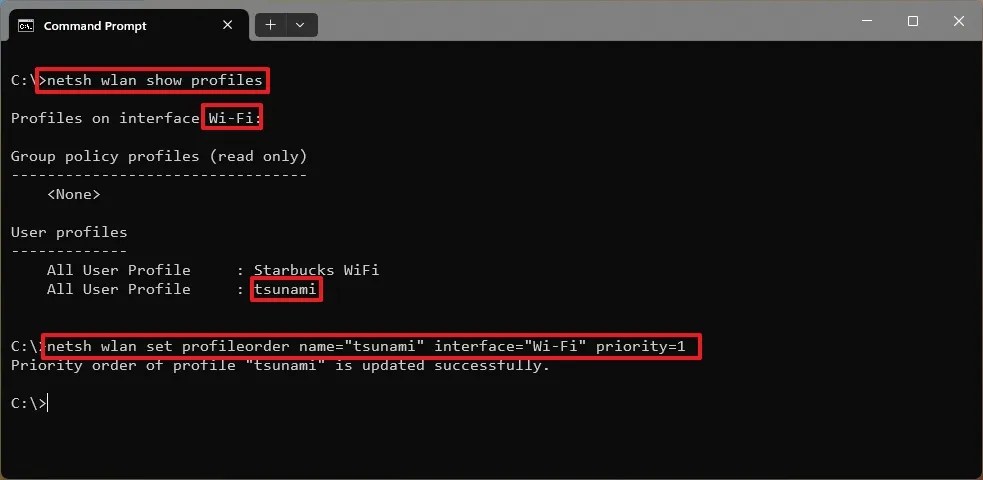 Command Prompt change wireless connection priority 