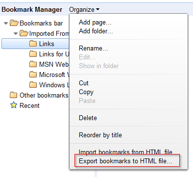 Google Chrome - Bookmark Manager - Export