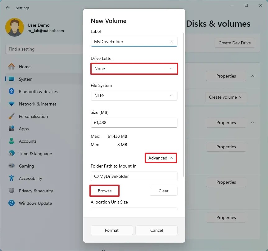 Create partition and mount to folder