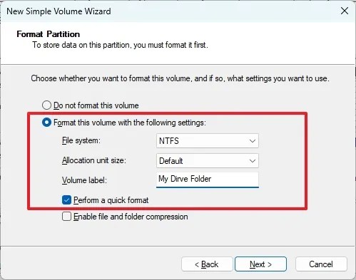 Disk Management format settings