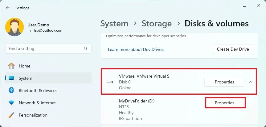 Disks & volumes open partition properties