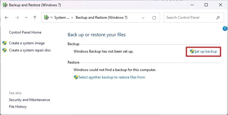 Bảng điều khiển Thiết lập sao lưu
