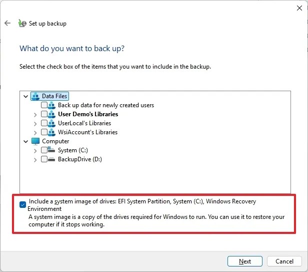 Thiết lập sao lưu chỉ với tùy chọn hình ảnh hệ thống