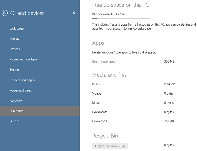 Disk Space Windows 8.1 Update 1 feature