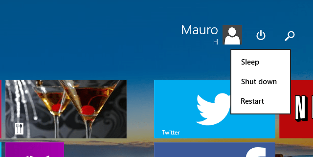 Power Options Start screen