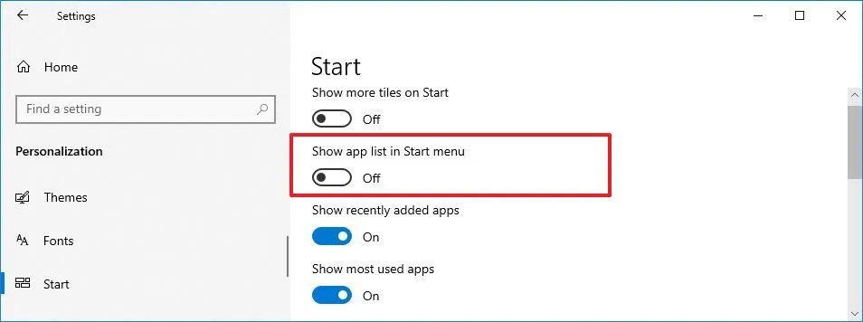 Disable app list on Start menu
