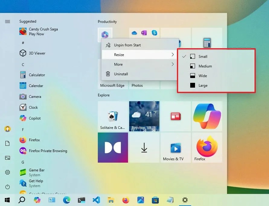 Start menu change tile size