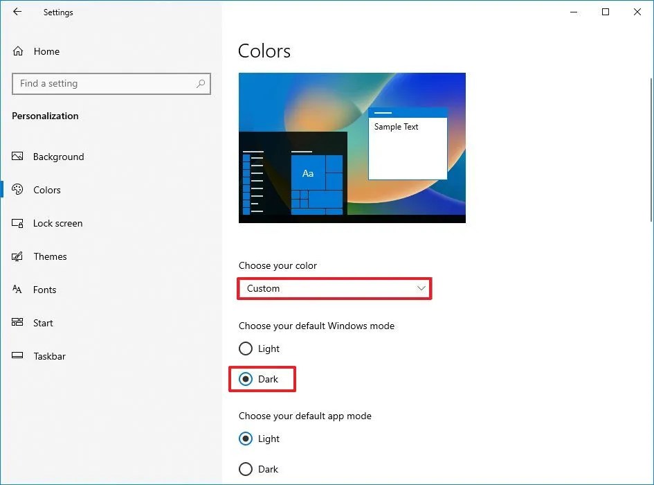 Windows 10 change system color to custom