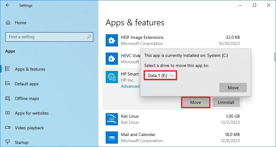Windows 10 move apps another drive