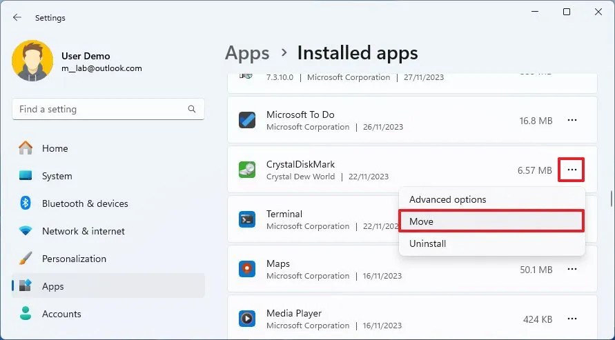 Windows 11 move app option