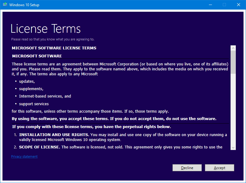 Windows 10 installation licensing terms