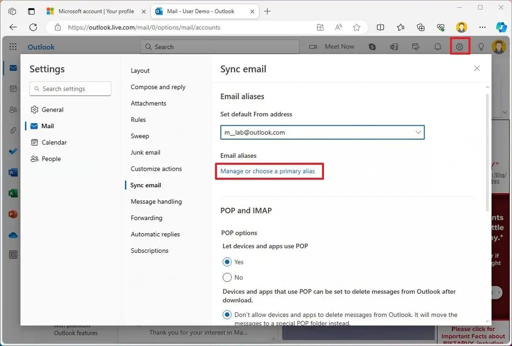 Outlook choose primary alias option