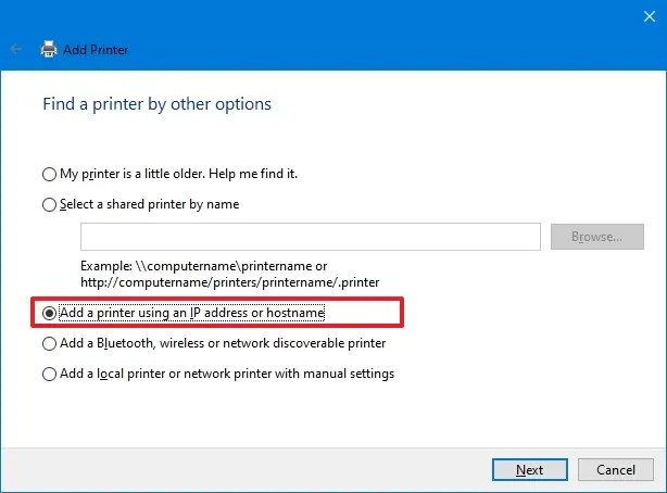 Add a printer using a TCP/IP address or hostname