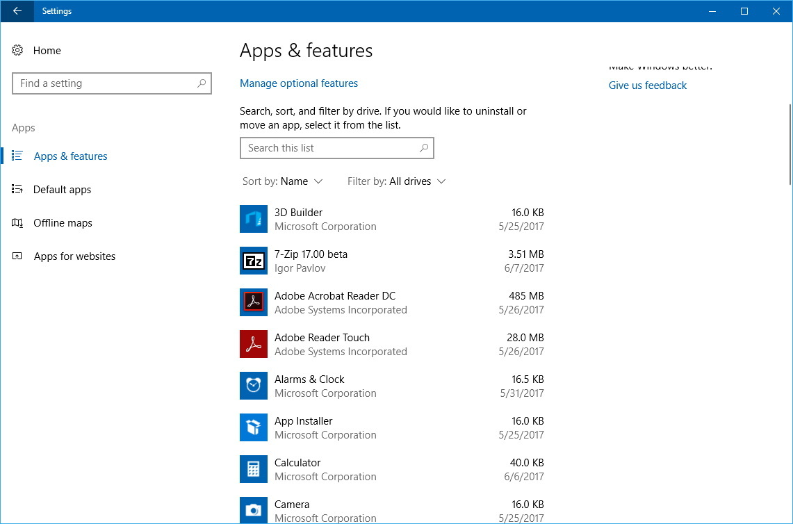 Apps settings on WIndows 10 (Creators Update)