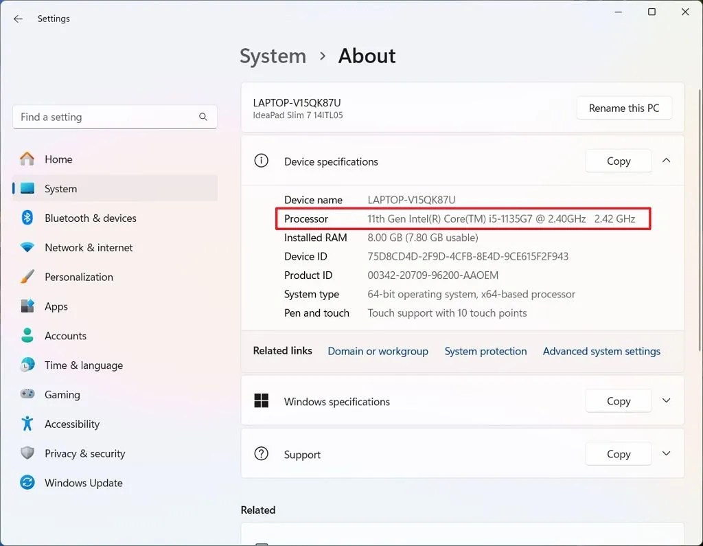 Windows 11 Intel CPU specs