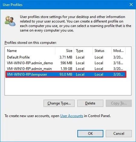 User Profiles settings on Windows 10
