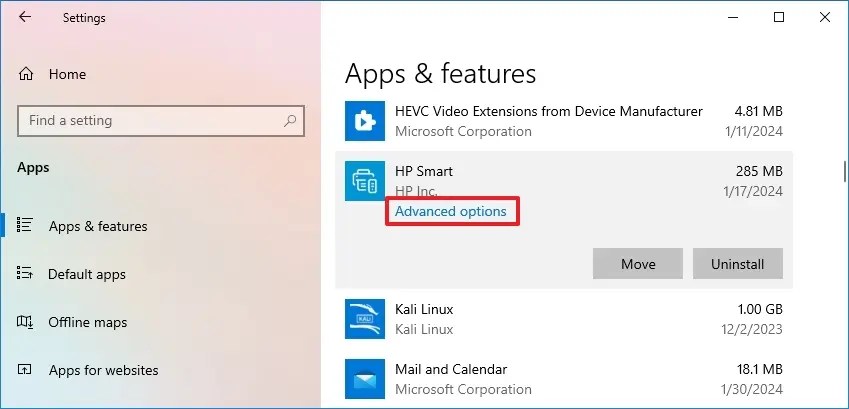 Settings app advanced options