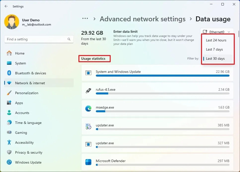 Windows 11 current data usage
