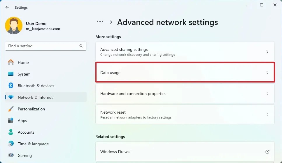 Windows 11 Data Usage settings location