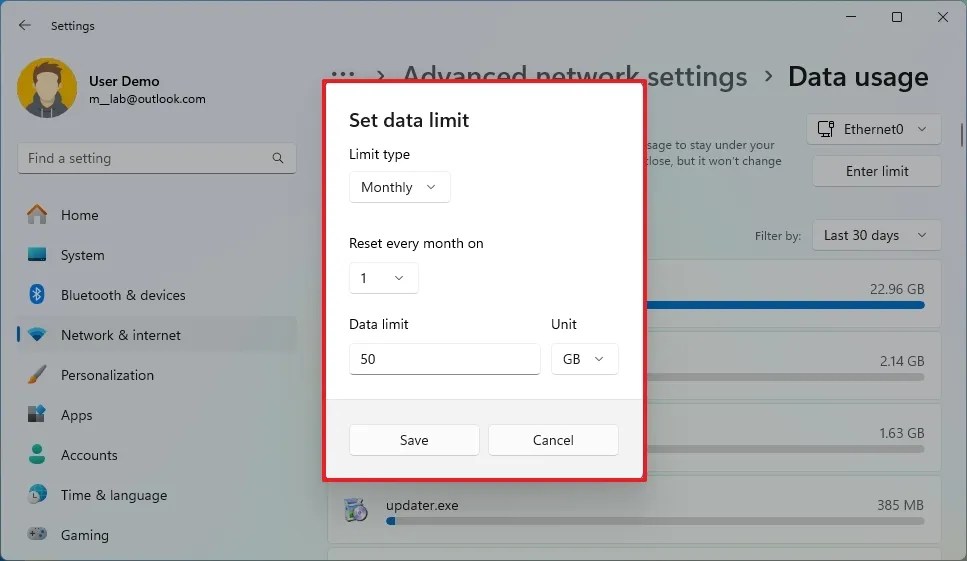 Set data usage limit on Windows 11