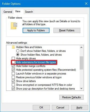 Show extensions for known files on File Explorer