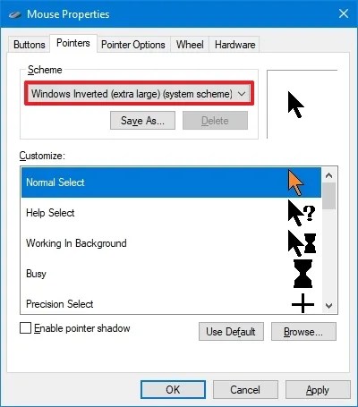 Control Panel change mouse scheme