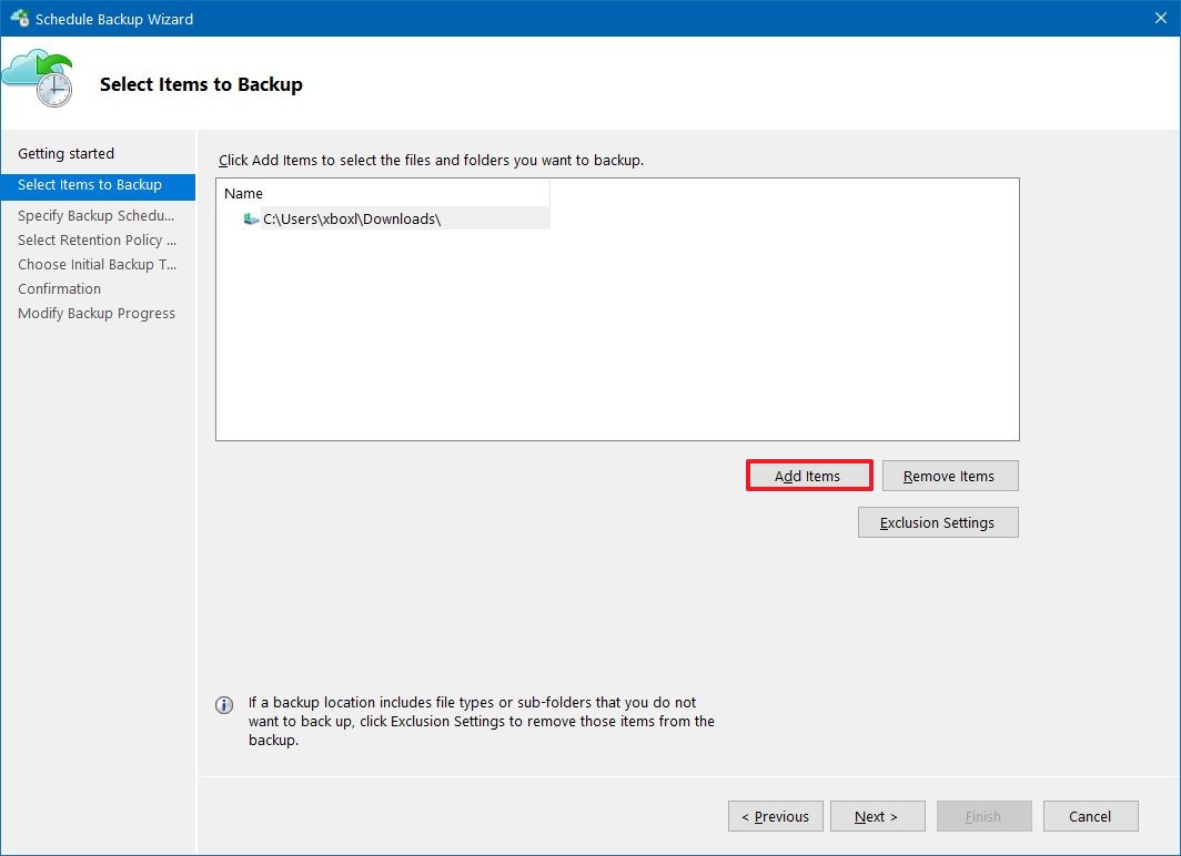 Select files to backup on Azure