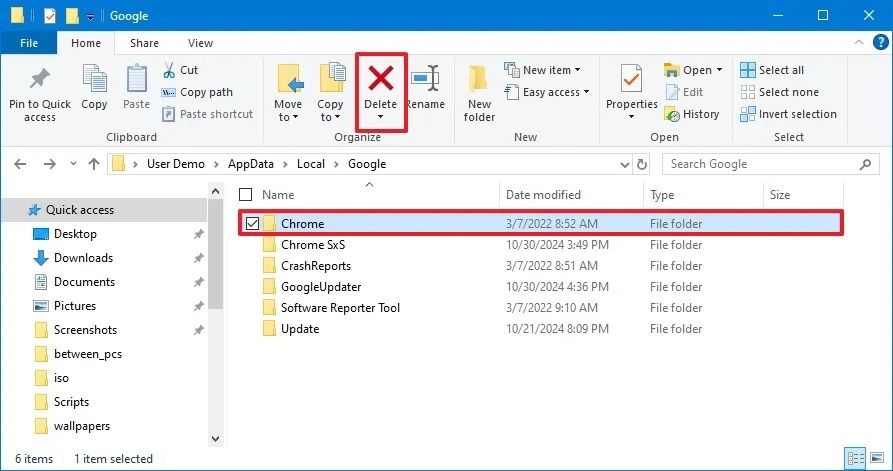 Windows 10 delete Chrome UserData folder