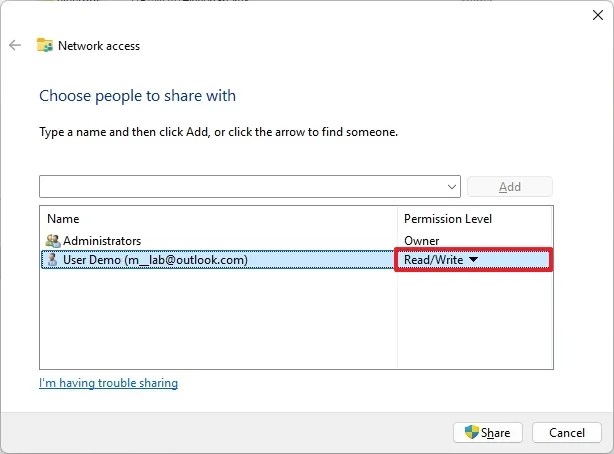 Set shared folder permissions on Windows 11