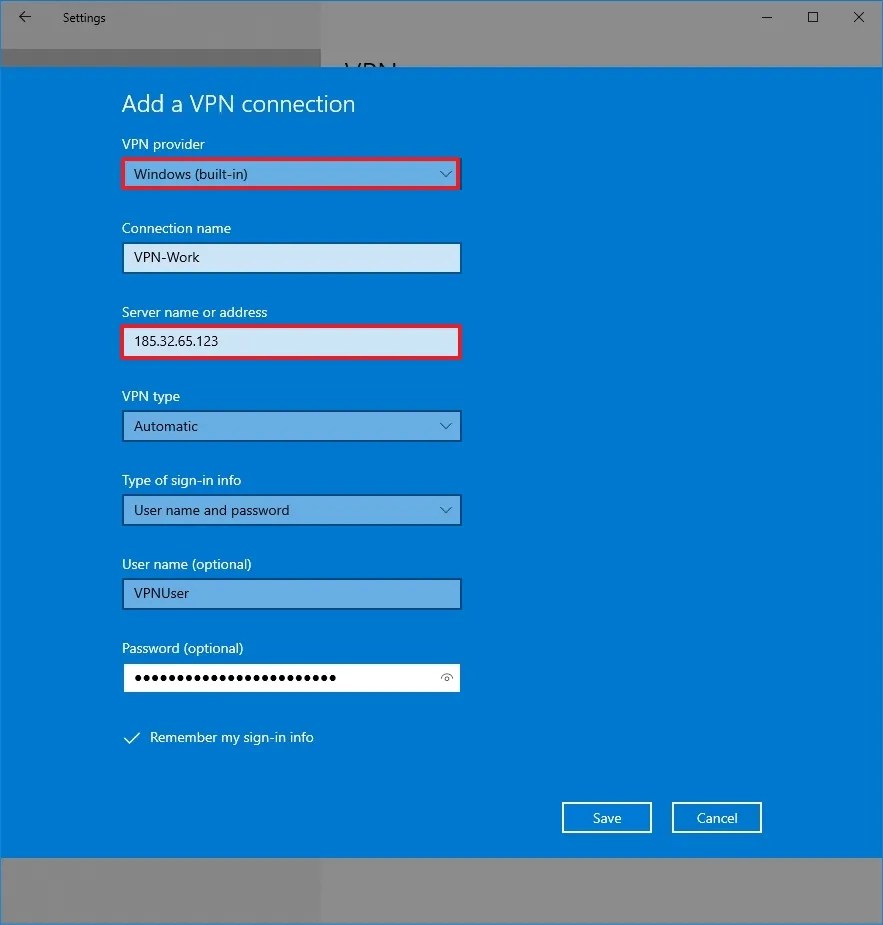 New VPN connection settings on Windows 10