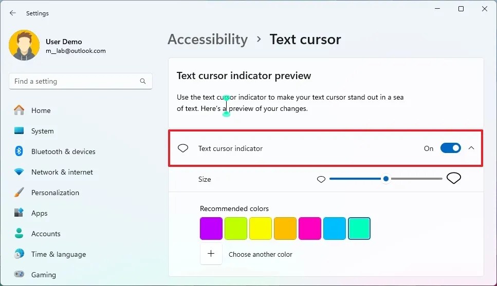 Windows 11 enable text cursor indicator