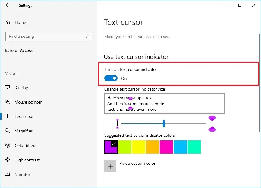 Windows 10 enable text cursor indicator