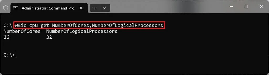 Command Prompt CPU core count command