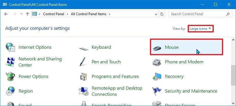 Control Panel open Mouse settings