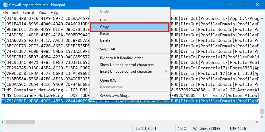 Registry file exporting single firewall rule